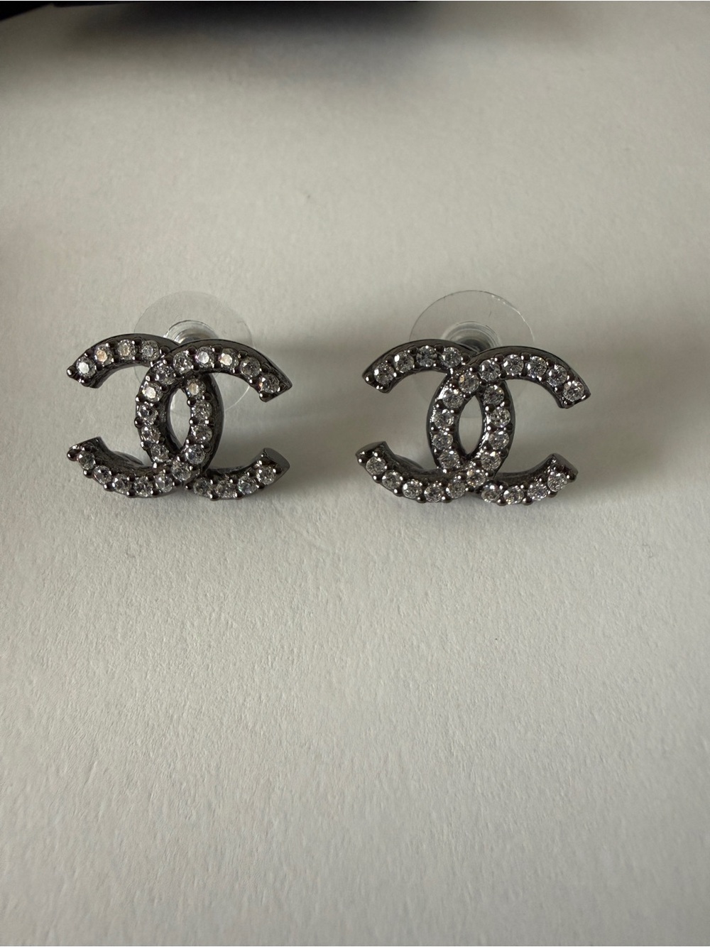 CHANEL Ruthenium/Crystal CC Logo Stud Earrings